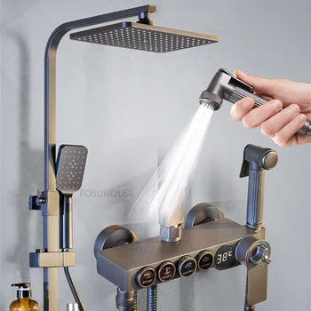מודרני פליז מקלחת ברזים עבור חדר אפור טמפרטורה קבועה מקלחת ברז בבית-קיר Supercharged מקלחת טרופית