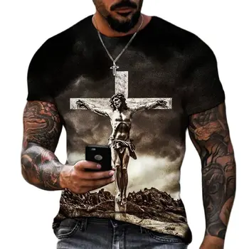 קיץ גברים חולצה אלוהים את הדת המשיח ישוע על הצלב, הדפסת 3D חולצת וינטג ' היפ הופ חופשי שרוול קצר אופנת רחוב ענק.