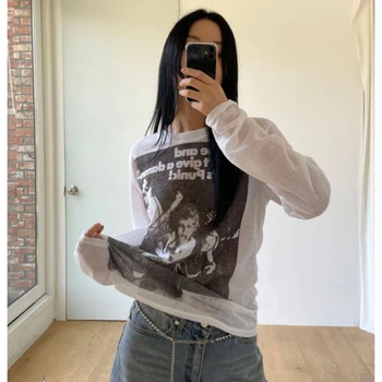 2023 סתיו לנשים יבול מקסימום סגנון קוריאני Hotsweet IrregularT-חולצה רופף ארוך שרוולים חולצת טריקו