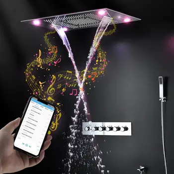 אירופה סגנון LED עיסוי Bluetooth מוסיקה ראש מקלחת ערכת ערפל מפל מקלחת גשם להגדיר Thermostatic מיקסר ברז מזלף