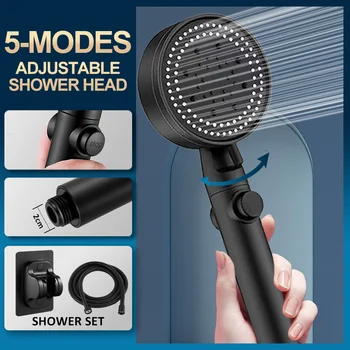 ראש מקלחת חיסכון במים שחור 5 מצב מתכוונן גבוה מקלחת לחץ אחד-המפתח לעצור את המים עיסוי Eco מקלחת אביזרי אמבטיה
