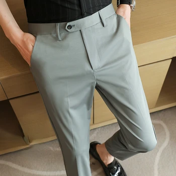 מותג בגדי גברים סגנון קוריאני גבוהה למתוח עסקי מזדמן המכנסיים חדש האביב/קיץ גברים התות משי קרח טהור צבע המכנסיים.