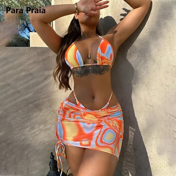 פארא Praia 2023 הדפסה סקסי הלטר שלוש חתיכות בגד ים עם חצאית ברזילאי בגדי ים נשים Biquini התחבושת Beachwear