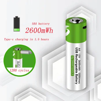 aa 1.5 v 2600mWh סוללת ליתיום נטענת תמיכה ישירה טעינה מסוג C-קו pila pilha usb aa ליתיום bateria