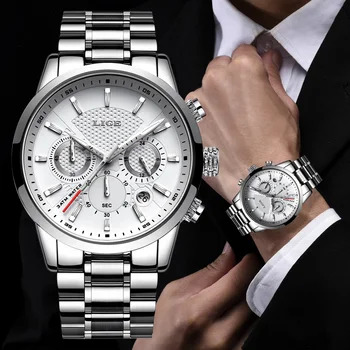 שעונים Mens החדש LIGE העליון מותג יוקרה מזדמן פלדת אל-קוורץ Mens שעון עסקים שעון זכר ספורט עמיד למים תאריך, הכרונוגרף