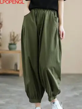 צבע מוצק 2023 הקיץ החדש של הנשים מכנסיים רופפים מזדמן Sarouel ישר הרגל המכנסיים-התאמה אלסטי המותניים קרסול באורך המכנסיים.