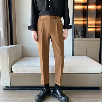 בסגנון בריטי סתיו חדש מוצק גבוהה המותניים מכנסיים גברים מכנסיים פורמליים 2022 באיכות גבוהה Slim Fit חליפת עסקים המכנסיים Hommes
