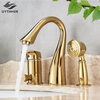 Uythner שירותים זהב אגן ברז פליז אמבטיה ברזים חם וקר מיקסר ברזי מים עם היד מקלחת כיור ברזים