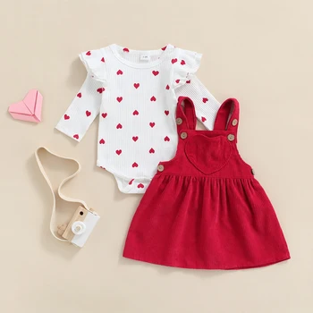 FOCUSNORM 0-18M 2pcs בנות תינוק מתוק בגדים סטים הלב הדפסה לעוף שרוול רומפר מקסימום Suspender השמלה