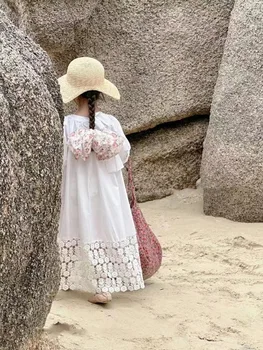 ילדה כותנה לבן שמלת תחרה קיץ בועת שרוולים ילדים שמלת בגדי ילדים בנות 110-150cm