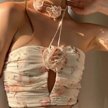 רוז Suspender האפוד קבוע מתוק קפלים קצרה סטרפלס Y2K סקסי שקעים בגדים