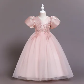 2023 בנות שמלות כותנה אפליקציות קשת שמלה חמודה פאף שרוול הנסיכה חתונה נשף שמלת צוואר V מזדמן אלגנטי Vestidos