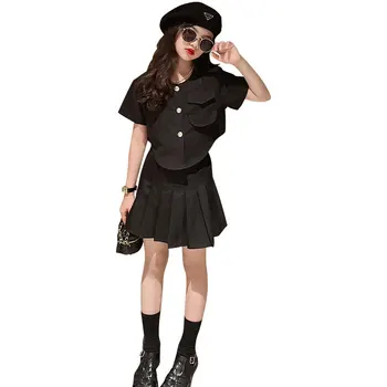 בנות אופנה לתלבושת להגדיר את הקיץ השחור החדש Crewneck שרוול קצר למעלה + קפלים החצאית 2pcs מקרית קוריאני בגדי ילדים 4-14Y