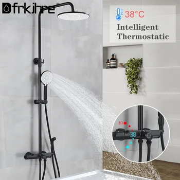 שחור Thermostatic מקלחת ברז גשמים מערבל מקלחת ברז אמבטיה הקש על הקיר עם Handshower מקלחת ערכת מקלחת סוגריים.