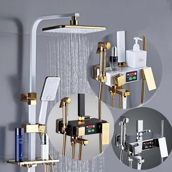 שחור Thermostatic מקלחת ערכת תצוגה דיגיטלית LED מקלחת ברז קיר רכוב אמבטיה מקלחת מיקסר, מערכת ראש מקלחת גשם