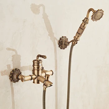 חדר מקלחת ברז נחושת פליז במבוק בסגנון מקלחת להגדיר עם יד עתיקים רטרו מגולף אמבטיה ברז קיר רכוב ZR022