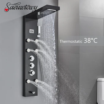 Thermostatic שירותים יוקרה גשם מפל הראש מקלחת פנל תצוגת מסך סילוני עיסוי מפל אמבטיה זרבובית טור מקלחת