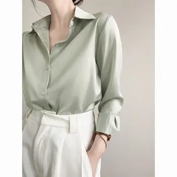 איכות גבוהה הירוק סאטן ארוך שרוול החולצה לנשים 2023 אביב/קיץ משרד ליידי החולצה מעצב נישה שיפון דש העליון