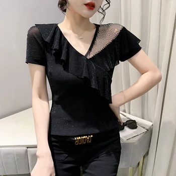 2023 חדש קיץ סגנון קוריאני רשת T-Shirt שיק סקסי V-צוואר טלאים קפלים יהלומים נשים שרוול קצר חולצות מזדמנים Tees 32466