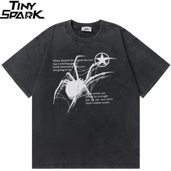 גברים אופנת רחוב היפ הופ מנופחים חולצת טי שטף עכביש שחור גרפי טי-שירט Harajuku וינטג ' 2023 חולצת כותנה חולצות Tees חופשי
