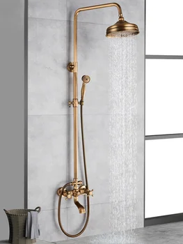 POIQIHY עתיק מקלחת ערכת קיר האמבטיה מקלחת אמבטיה ברז גשמים פליז המסתובב זרבובית ברז מיקסר הזזה בר מקלחת מערכת